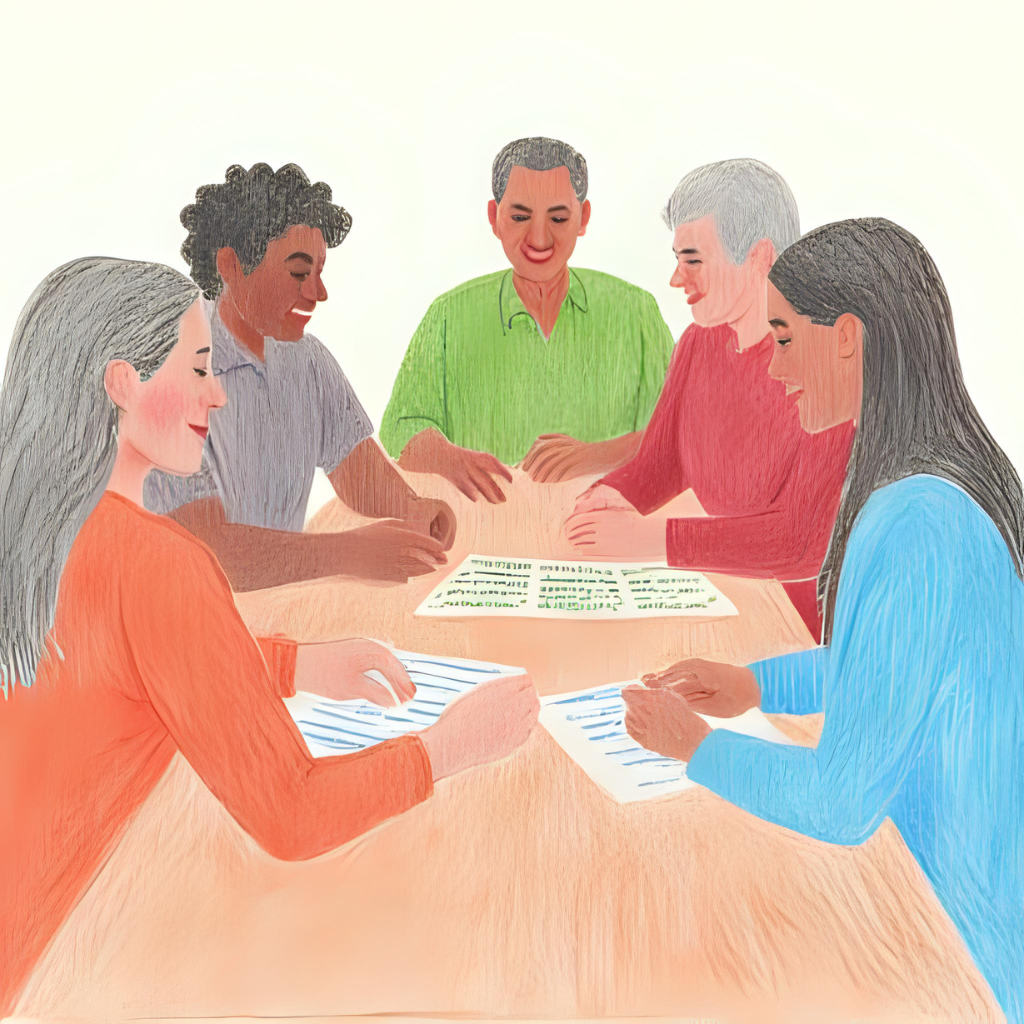 An illustration of a diverse group of people sitting around a wooden table, collaborating and discussing documents.